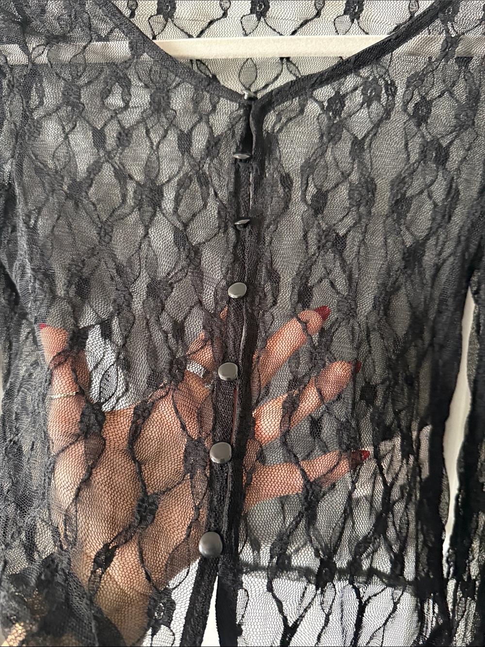 Sheer Black Lace Long-Sleeve Button Cardigan - Picture 4 of 4